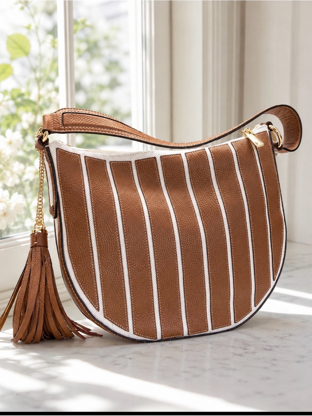 Michael Kors Applique Stripe Canvas Hobo Bag – Acorn/Brown – MSRP $328